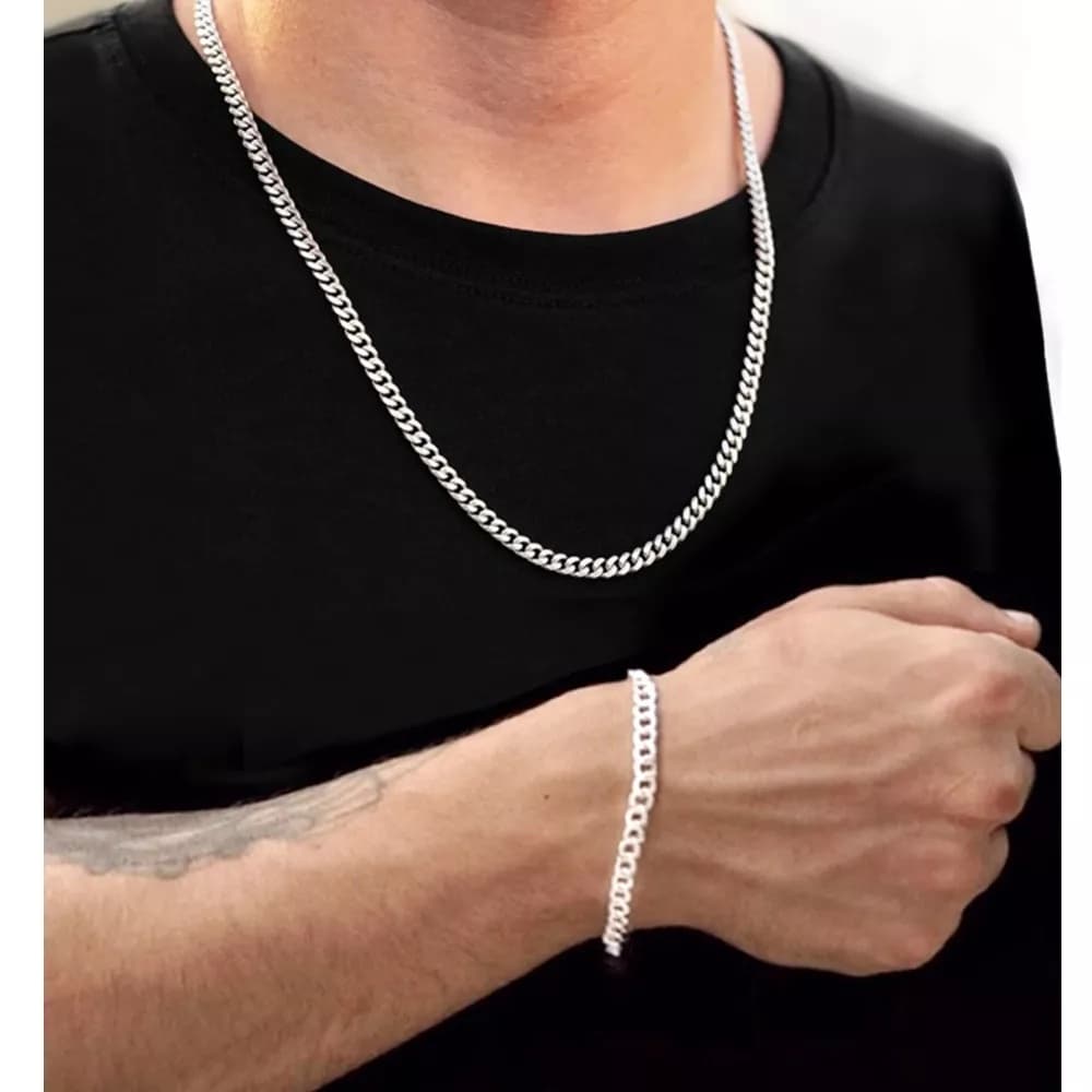 Cojunto Corrente+pulseira cordão Masculino 60cm Aço Inox Correntes Prata