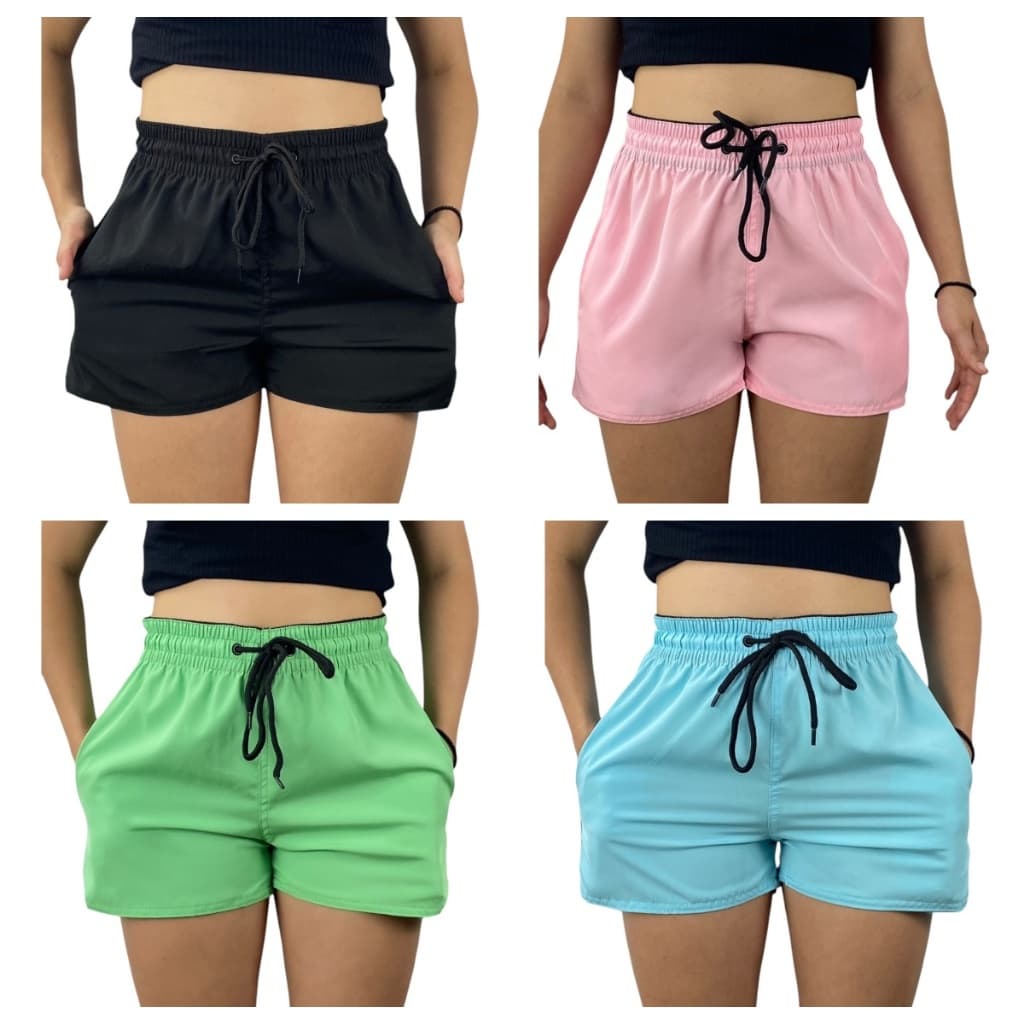 Kit 4 Shorts Feminino Tactel Elastano Treino Praia casual Com Bolsas lateral
