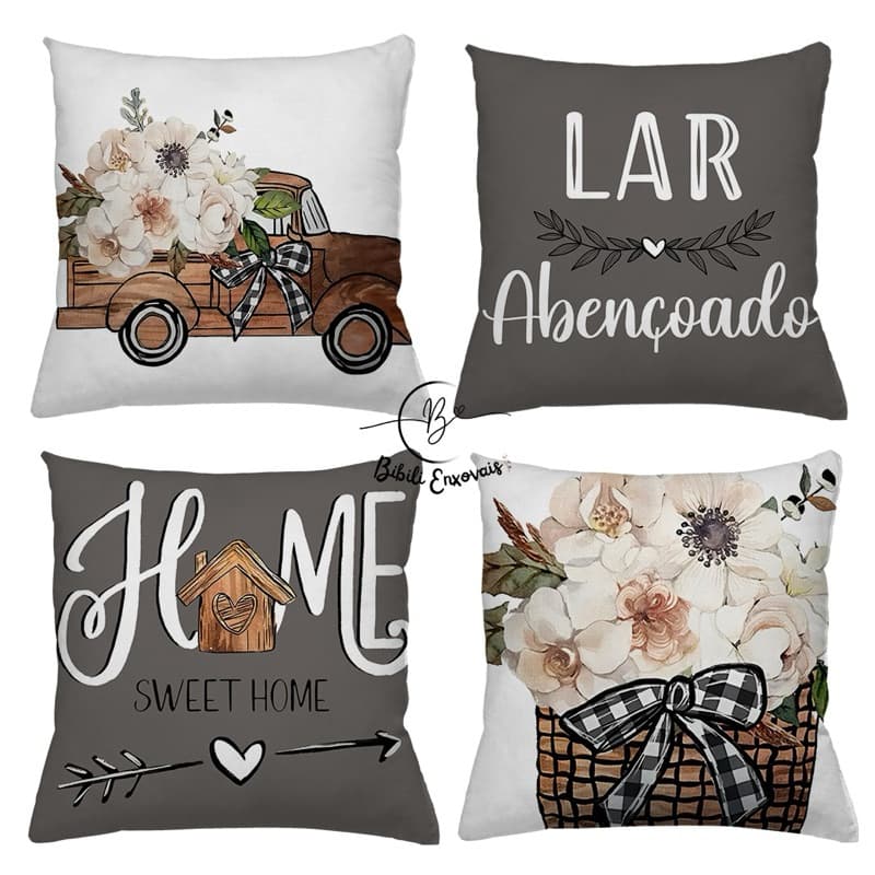 KIT 4 CAPAS DE ALMOFADAS DECORATIVAS FLORES, LAR ABENÇOADO, HOME TAMANHO 45X45