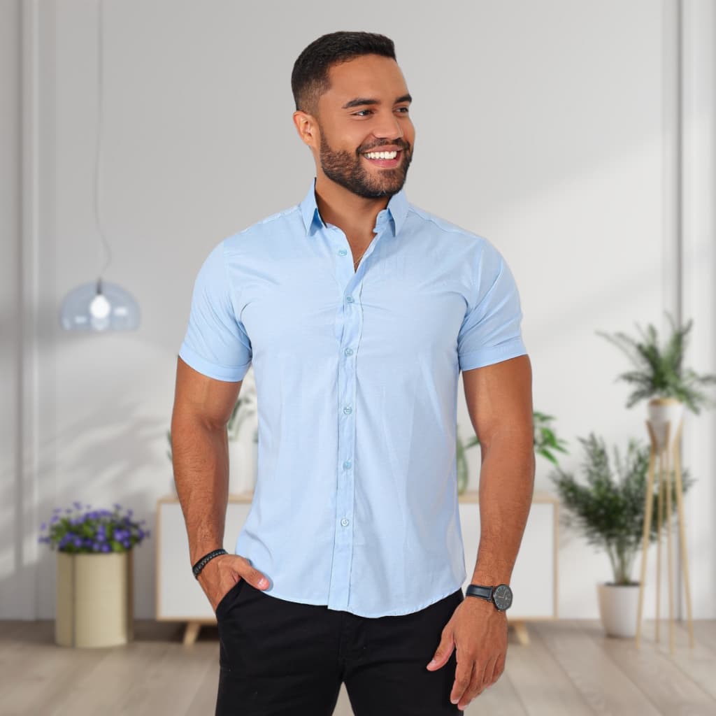 Camisa manga curta luxo slim lisa tricoline exclusiva oferta camisa não amassa e seca rapido