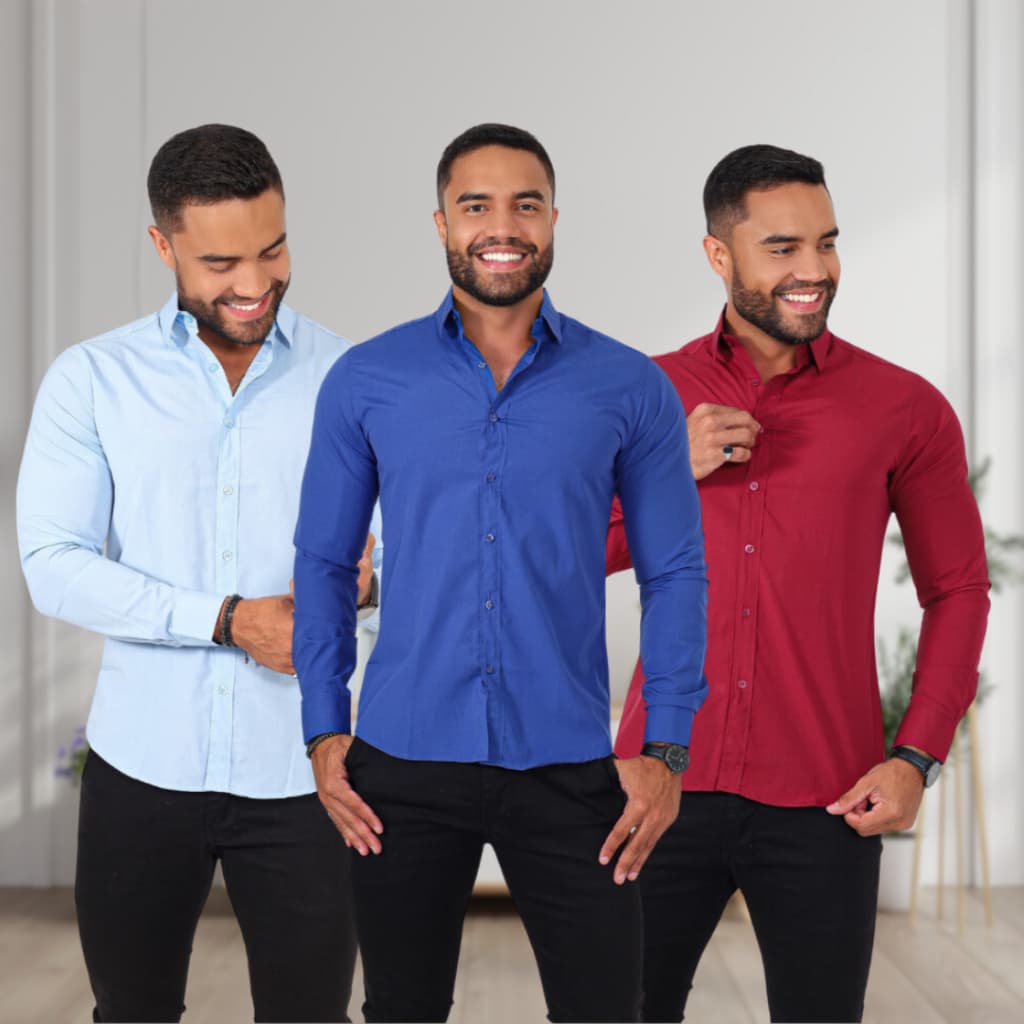 Kit de 3 camisa social masculina manga longa lisa luxo sem bolso algodão não amassa e não desbota