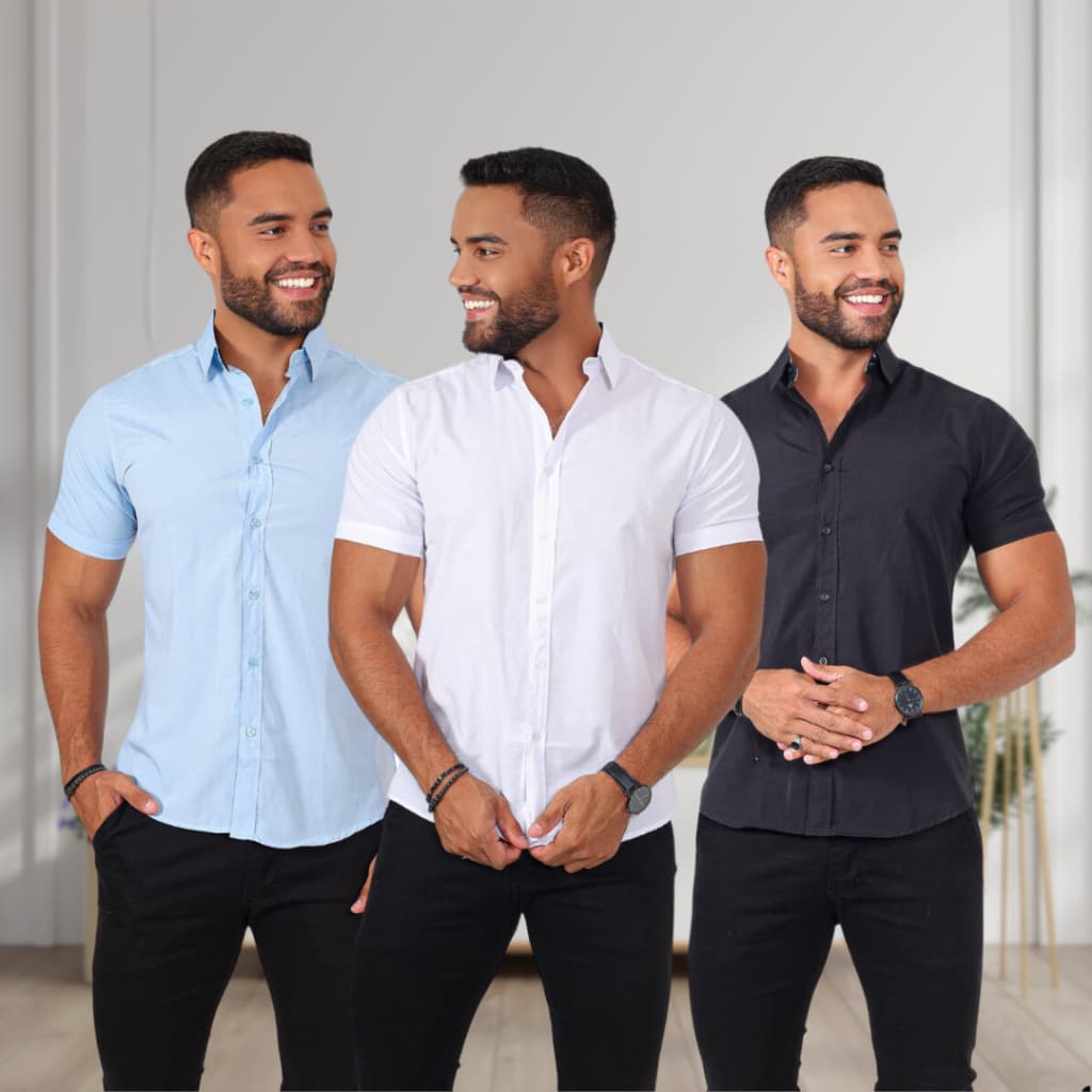 Kit de 3 camisa masculina manga curta lisa luxo sem bolso algodão oferta não amassa e não desbota