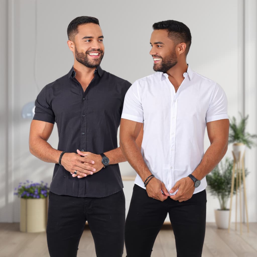 kit 2 camisa masculina manga curta slim luxo sem bolso algodão oferta não amassa e não desbota