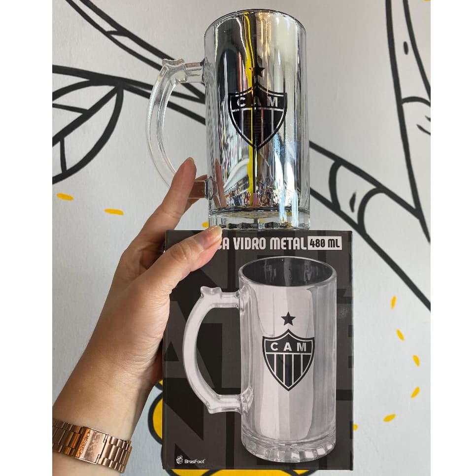 CANECA VIDRO BEBIDA METALICA 480ML FUTEBOL TIME