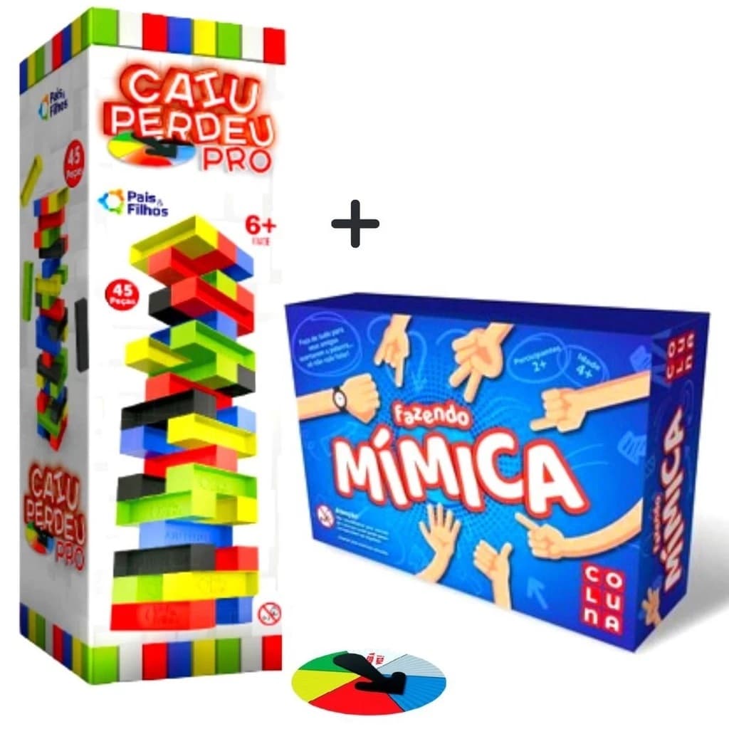 Kit Jogo Fazendo Mimica Coluna + Jogo Caiu Perdeu PRO 45 Blocos Coloridos Nova Edição Pura Diversão