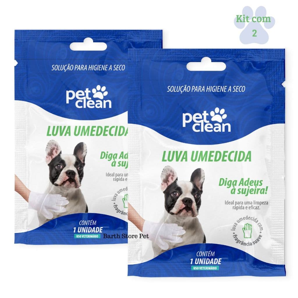 Kit com 2 Luva Umedecida Para Limpeza a Seco Pet Clean Banho a Seco de Bolso