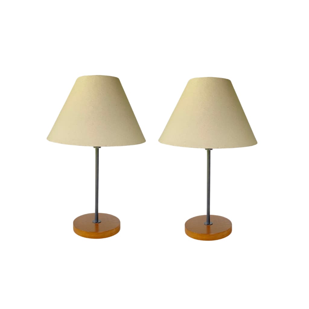 Kit Com 2 Abajur De Mesa Com Base De Madeira Redonda E Cúpula Cônica Revestida Com Tecido
