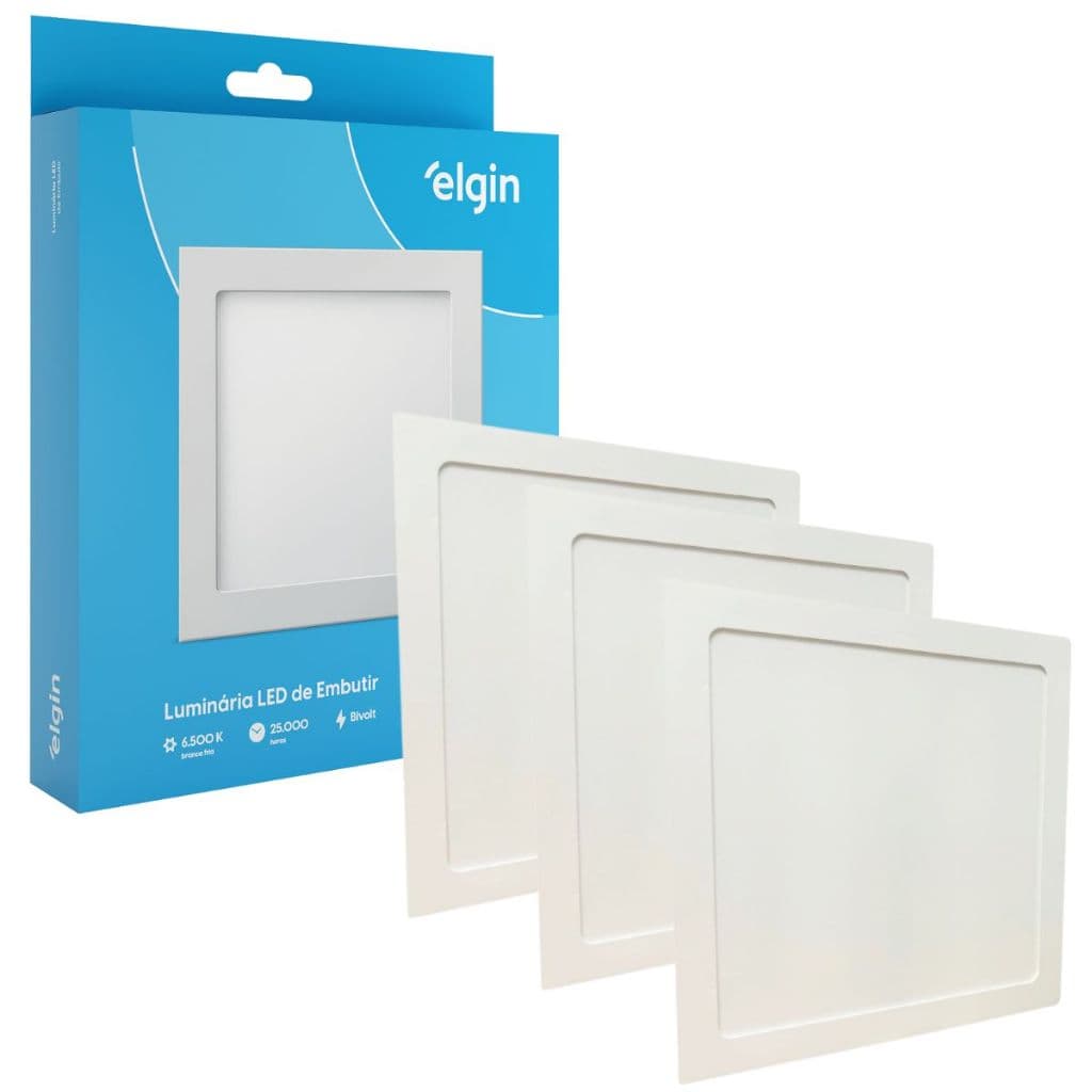 Kit 3 Painel Plafon Embutir Quadrado Led 24w Bivolt Branco Frio Elgin