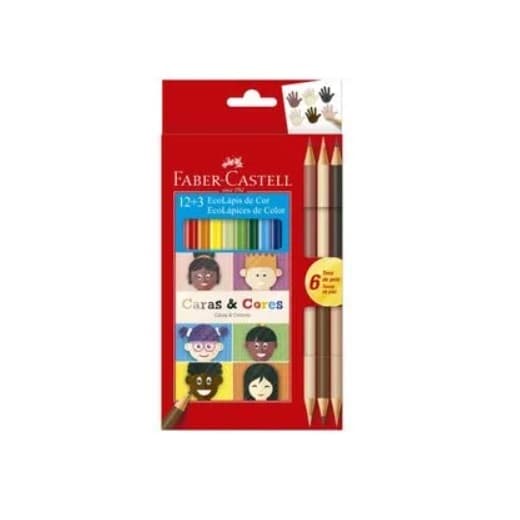 Lápis de Cor Sextavado Caras e Cores Estojo com 12 Cores + 3 Lápis Bicolor - Faber-Castell