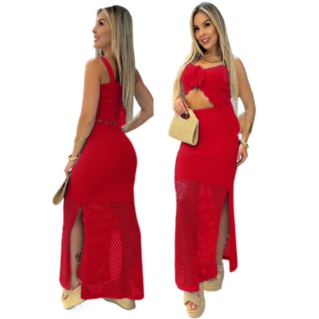 Conjunto Tricô Modal Cropped Com Saia Longo