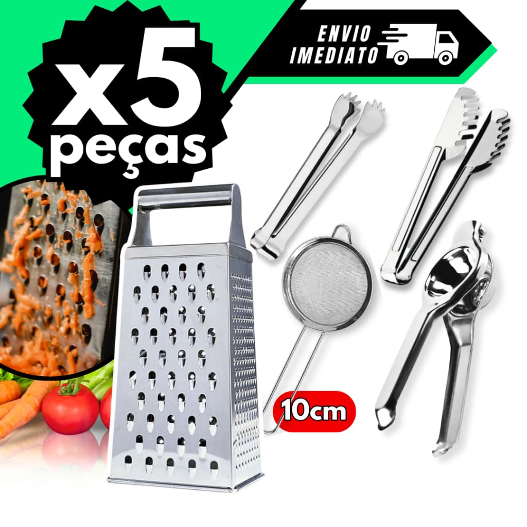 Kit Ralador Espremedor Pegador Gelo Peneira 10cm Pegador Universal 5 ITENS INOX Cozinha Comida