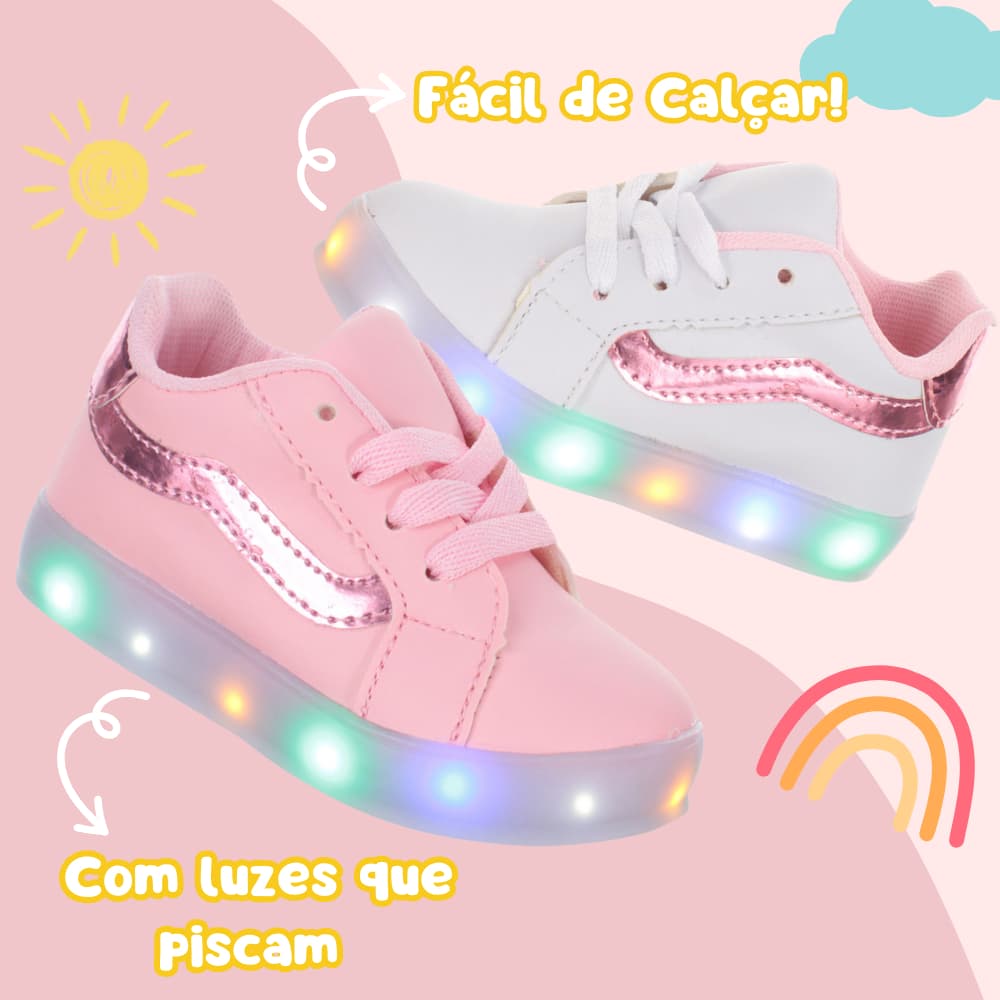 Tenis Calcado de Crianca com luz de led pisca infantil feminino meninas rosa ou branco PC