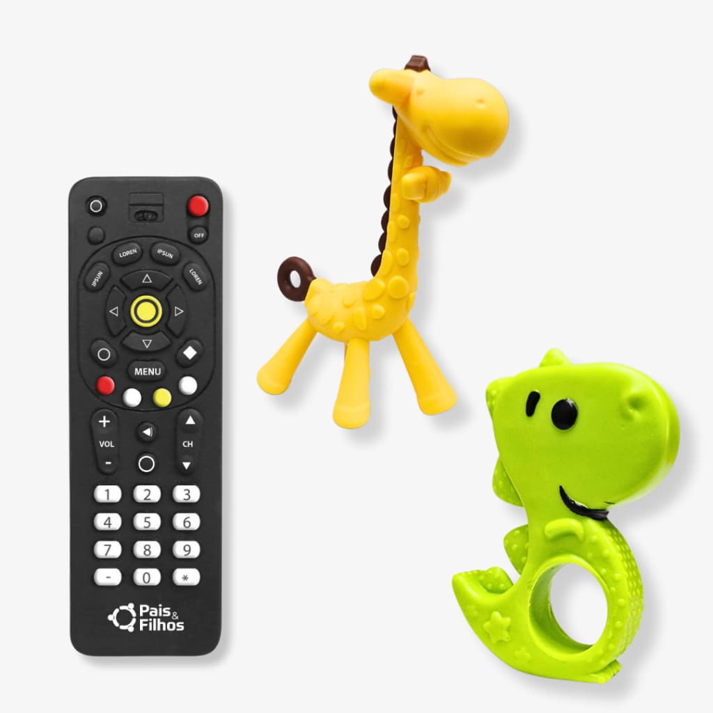 Brinquedo bebê Mordedor Controle remoto girafa dinossauro alivio coceira da gengiva kit3 mordedores