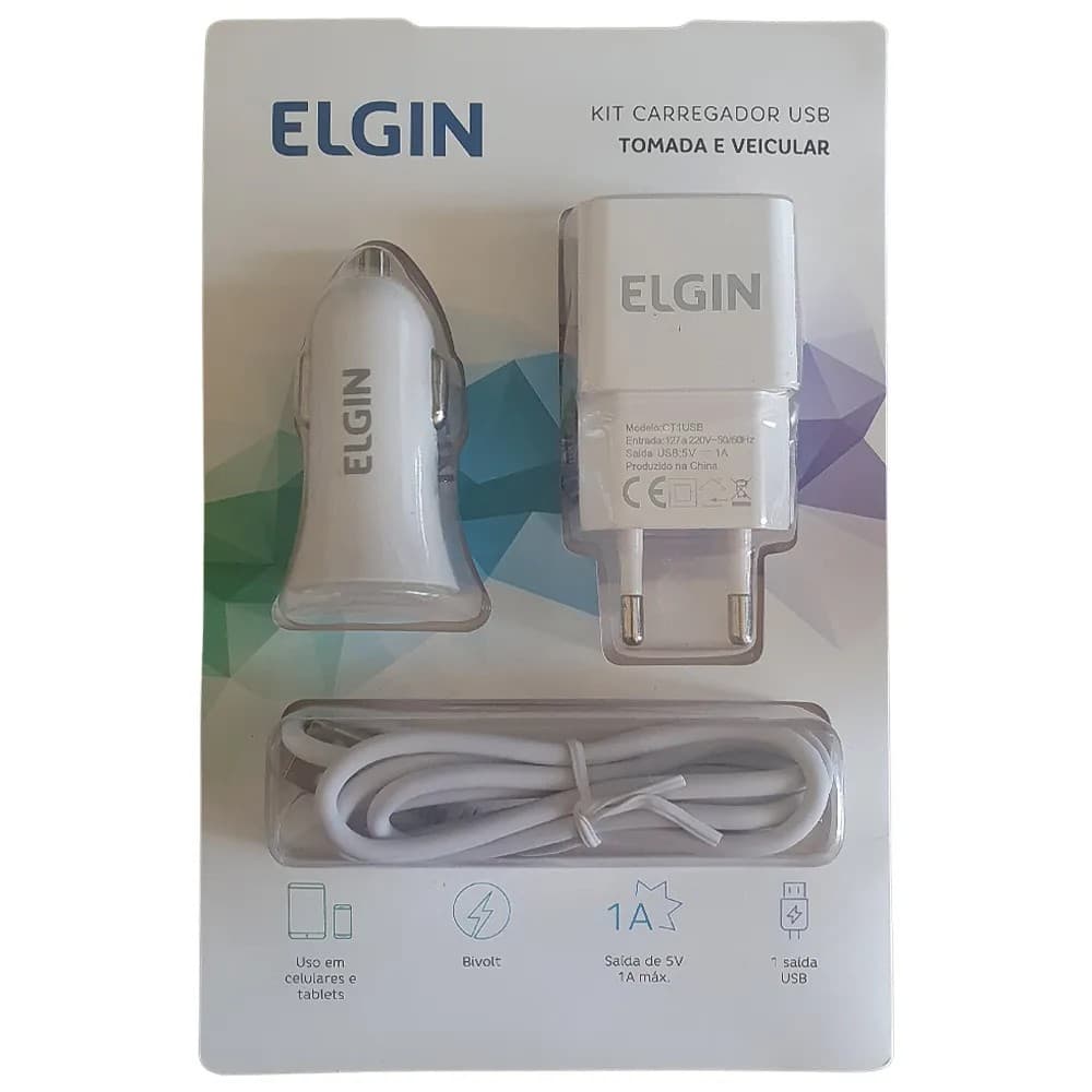 Carregador USB de Tomada + Carregador Veicular 1 Saída 1A 5W + Cabo MicroUSB de 1 Metro Elgin