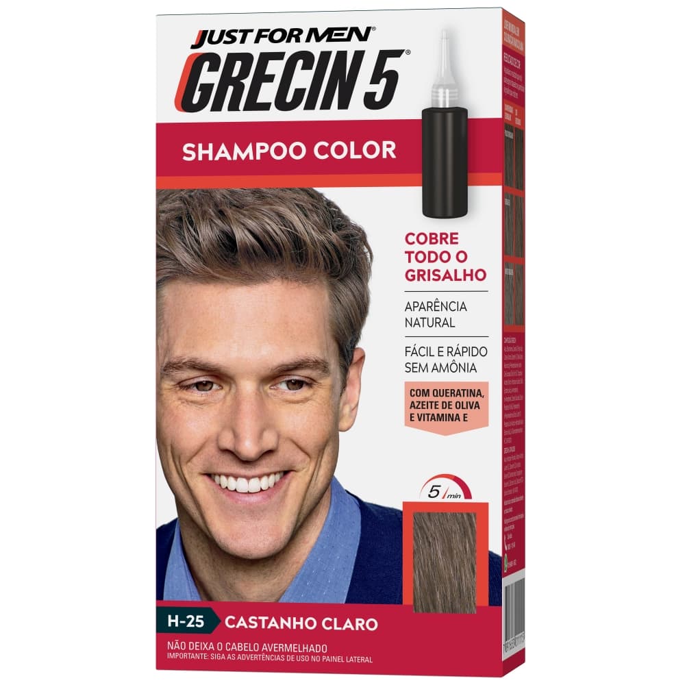 Grecin 5 Shampoo Tintura Tonalizante Castanho Claro H-25 60ml - Elimina os cabelos grisalhos em 5 minutos.