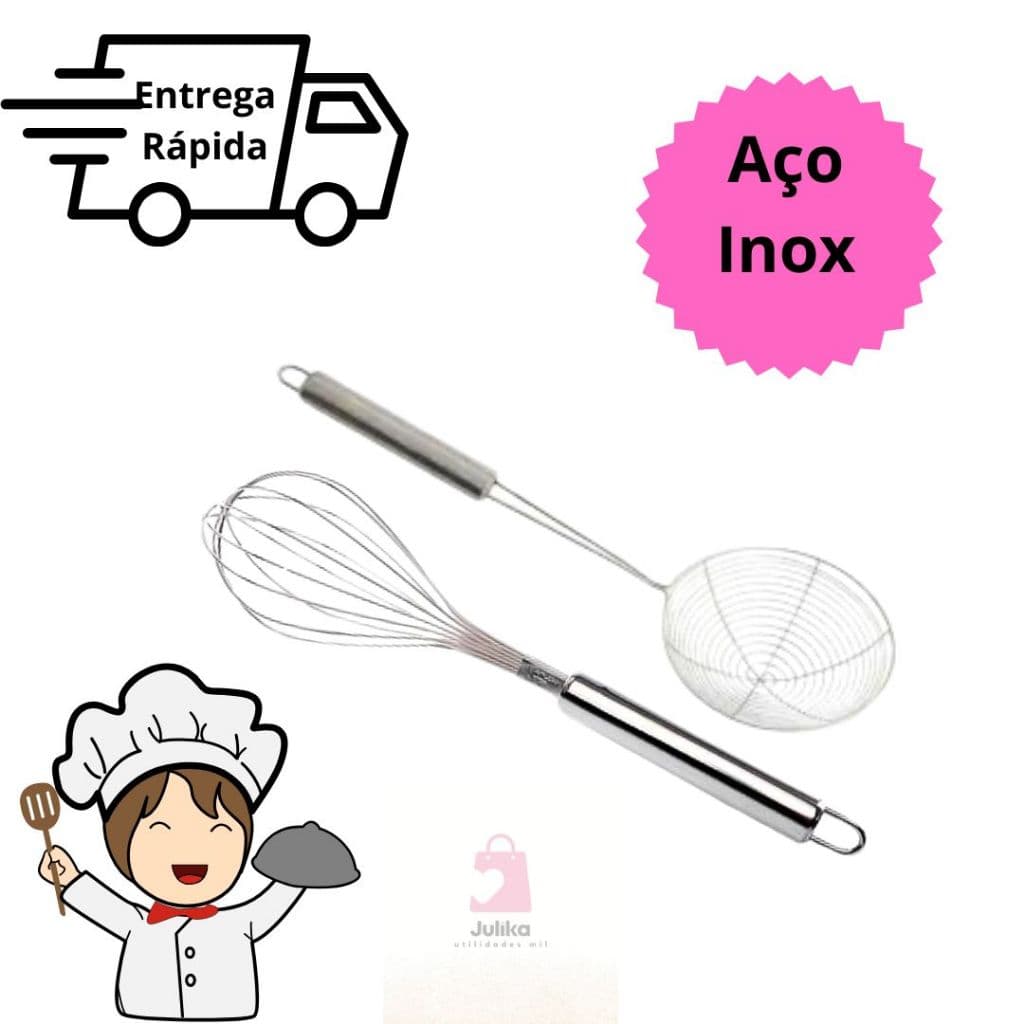 Kit utensílios Para Cozinha Batedor de Claras Escumadeira Para Fritura Aço Inox