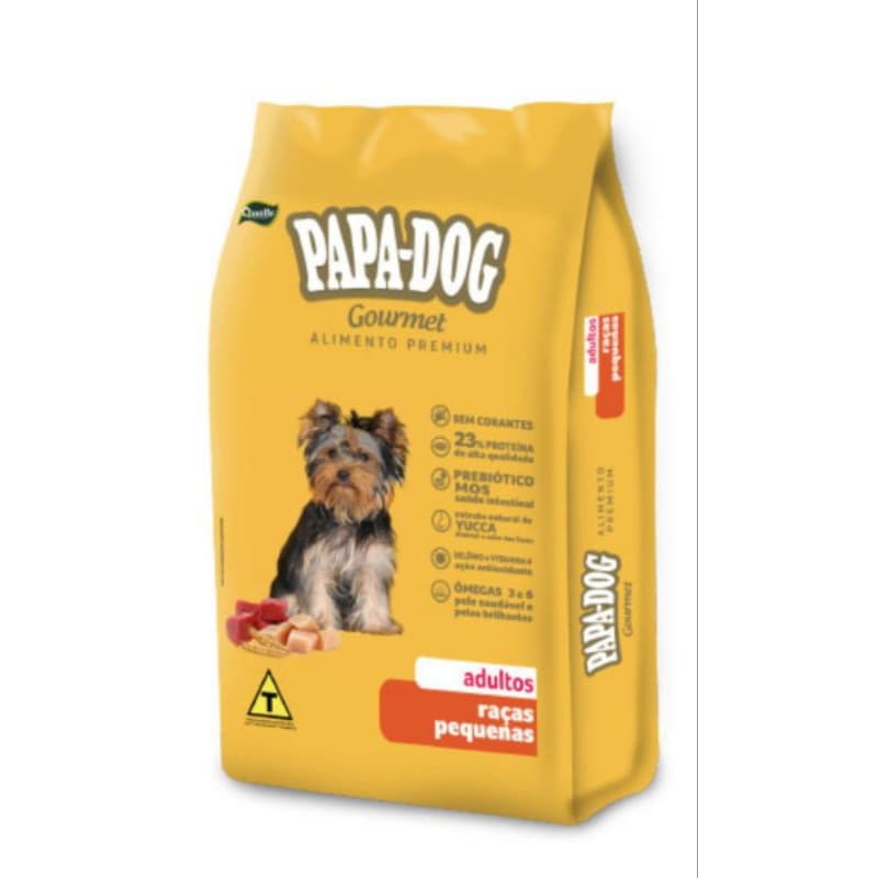 10,1kg, PAPA DOG GOURMET, Raças Pequenas, 23% de proteínas, ração Premium, sabor carne e frango.