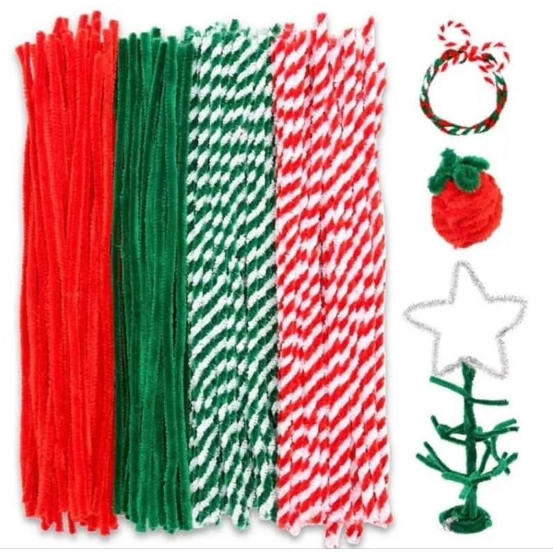 Kit 50 un Haste de Chenille Flexiveis Vermelho Verde Branco Natal