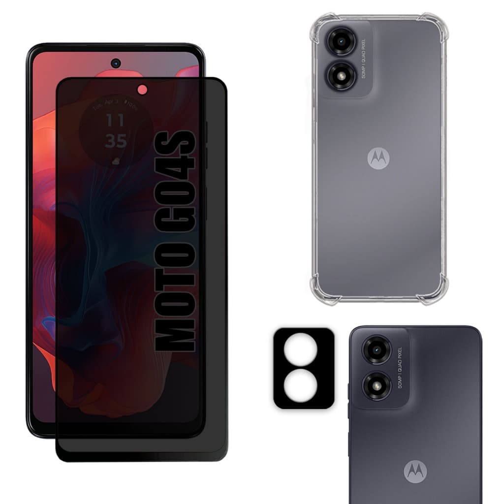Kit Para Moto G04s | Película de Privacidade Fosca - Capa Anti Shock - Película da Câmera 3D