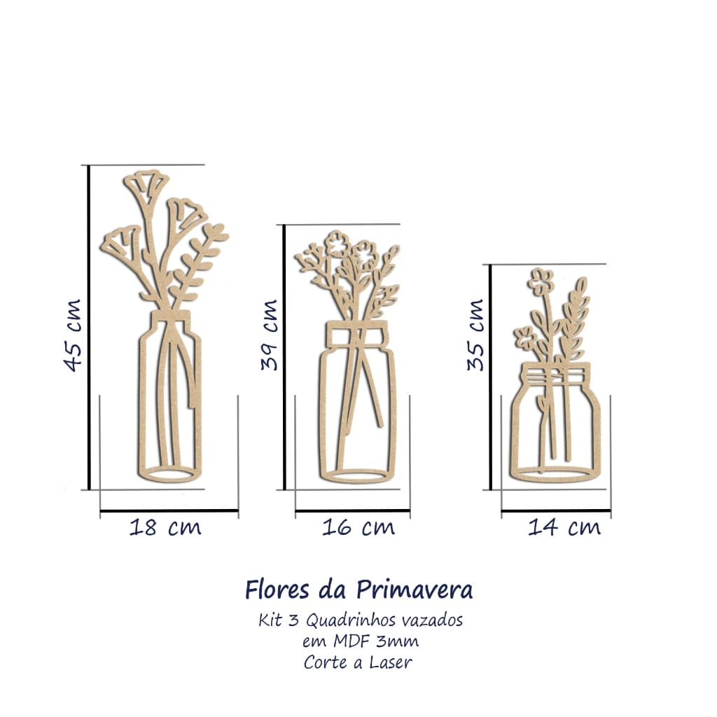 Kit 3 Quadros Decorativos Vazados Vaso de Flores MDF 3mm