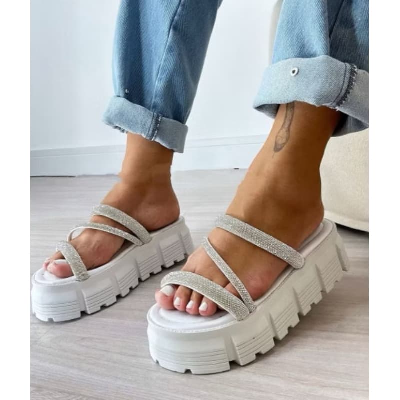 Sandalia Feminina Plataforma Papete Brilho Z Strass Tendencia