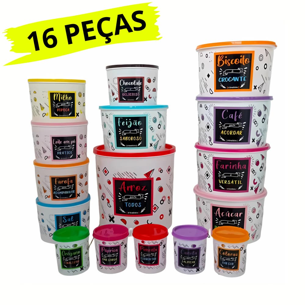 Kit com 16 Potes Organizadores de Cozinha – Mantimentos Arroz, Feijão, Açucar, Temperos