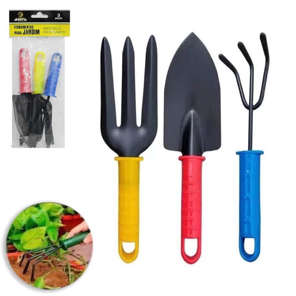 KIT PARA JARDIM COM PA + GARFO E ANCINHO / RASTELO CABO PLASTICO 3 PECAS