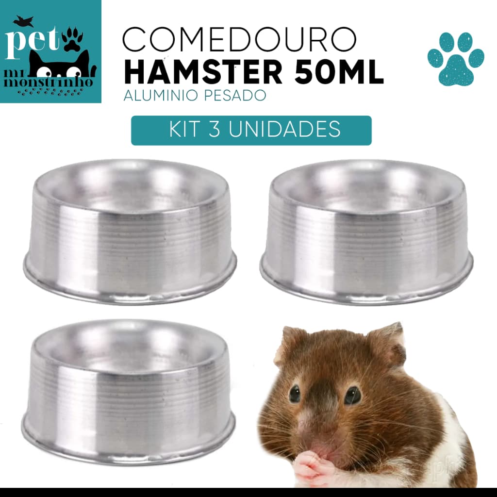 Kit 3 Comedouro de Alumínio Pesado para Roedores 50ml - Hamster, Twister, Gerbil, Chinchila, Porquinho da Índia