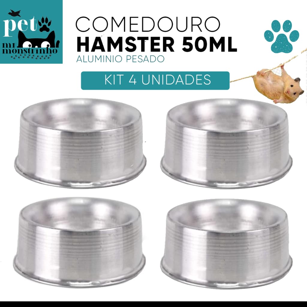 Kit 4 Comedouro de Alumínio Pesado para Roedores 50ml - Hamster, Twister, Gerbil, Chinchila, Porquinho da Índia