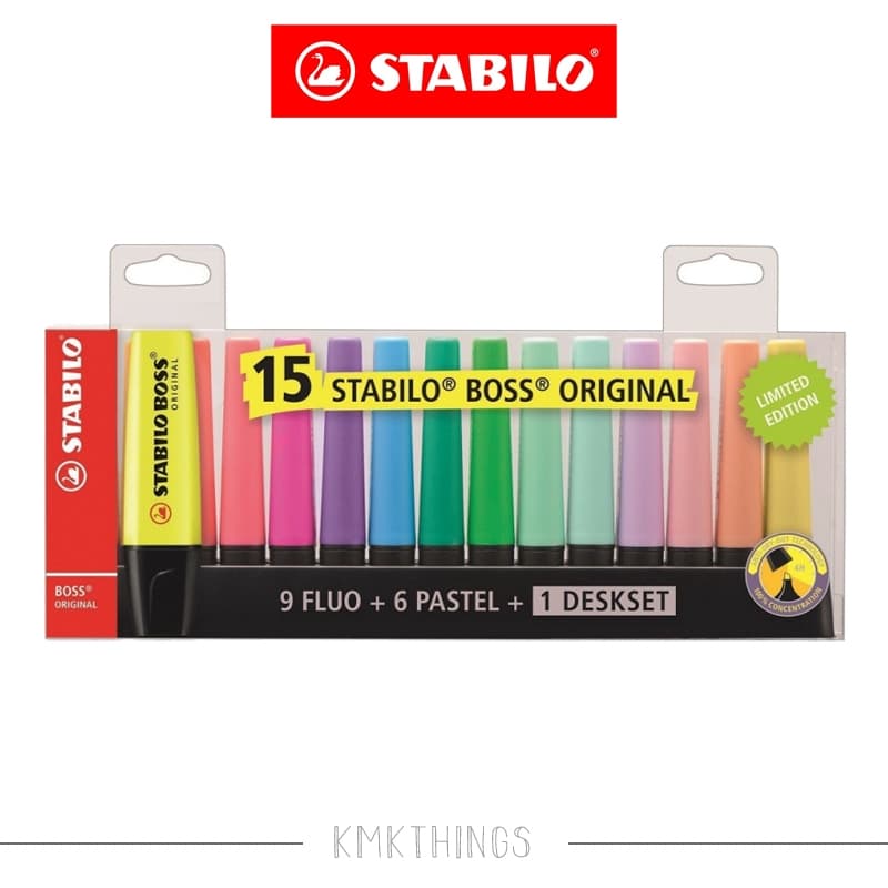 STABILO BOSS ORIGINAL 9 Neon 6 Pastel + 1 Suporte - 15x marca-textos