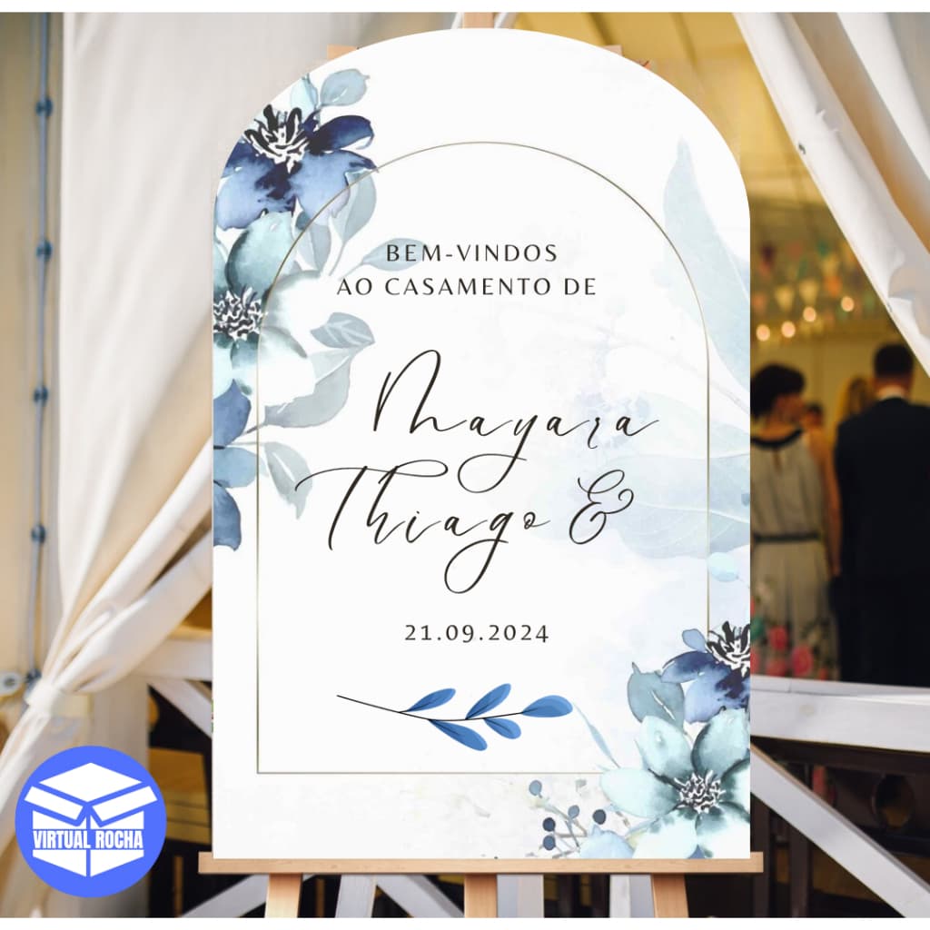 Quadro Decorativo Placa Ponta Redonda Casamento Flores Azul Decoração Bem Vindos MDF