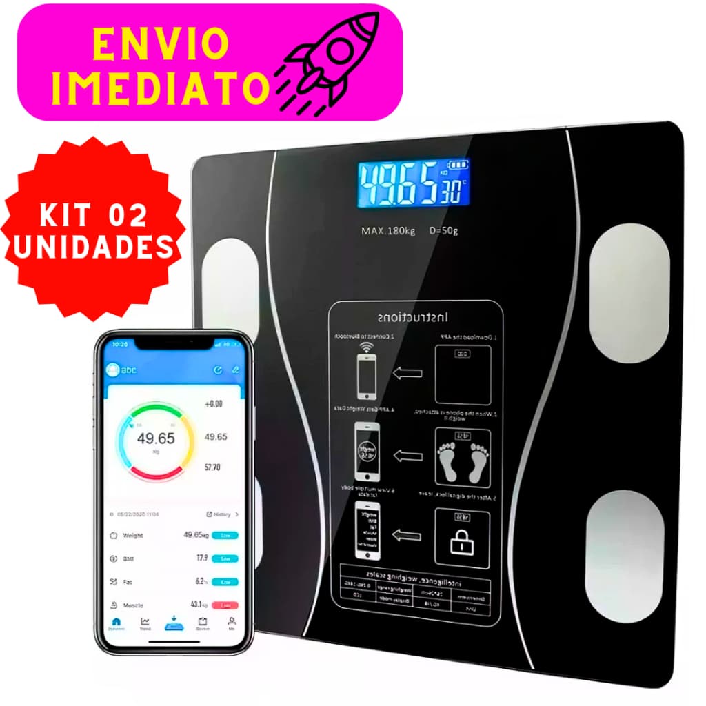 Kit 02 Balanças Digital Liga e Desliga Automático 26 Cm Mede o Peso Corporal Gordura Viceral