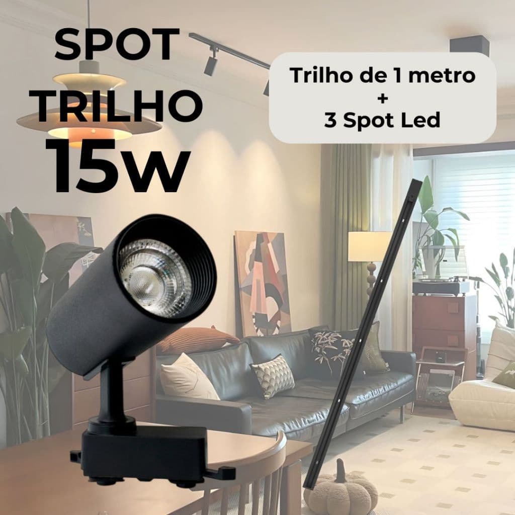 Kit 3 Spot LED c/ Trilho Eletrificado Preto Luz Branca Iluminação Bivolt