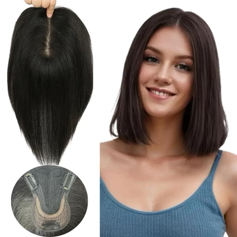 Topo De Cabeça Cabelo Humano Liso Com Tic Tac Prótese Capilar