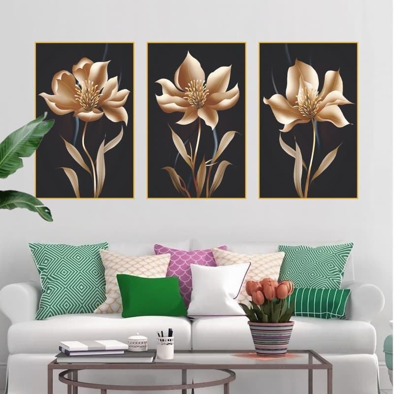 Quadros Decorativos Flores Douradas 3 Peças Sala Quarto Escritório