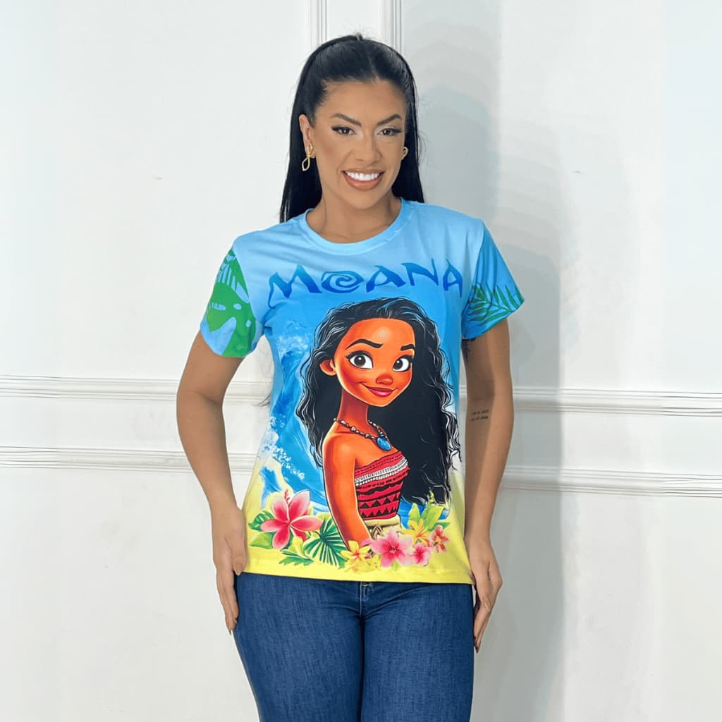 Blusa Feminina Moana Baby Look TShirt Premium Azul Estampa Personagem Tropical Adulto