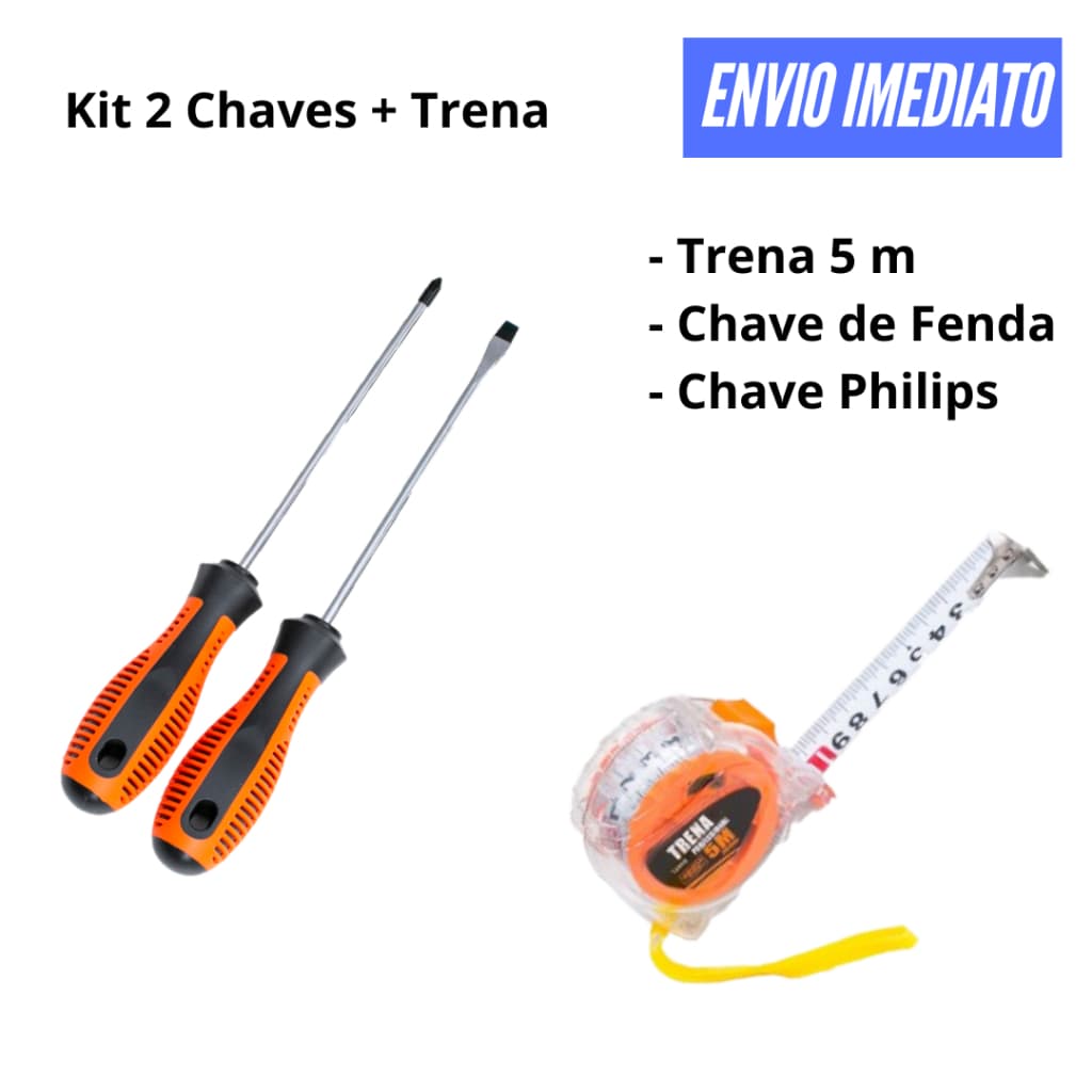 Kit Chave Fenda e Philips + Trena 5 metros, 3 peças