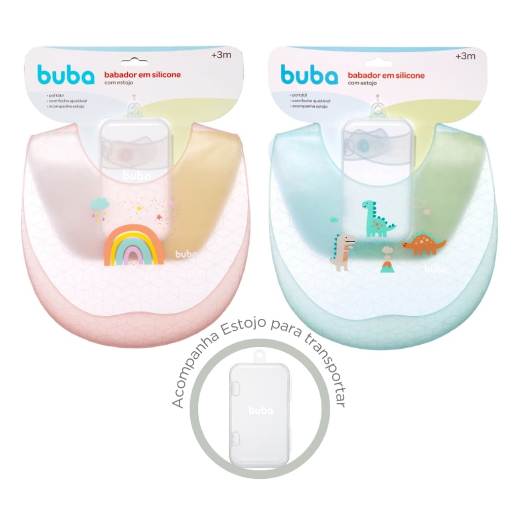 Babador de Silicone Com Bolso Cata Migalhas E Estojo Menino e Menina Buba
