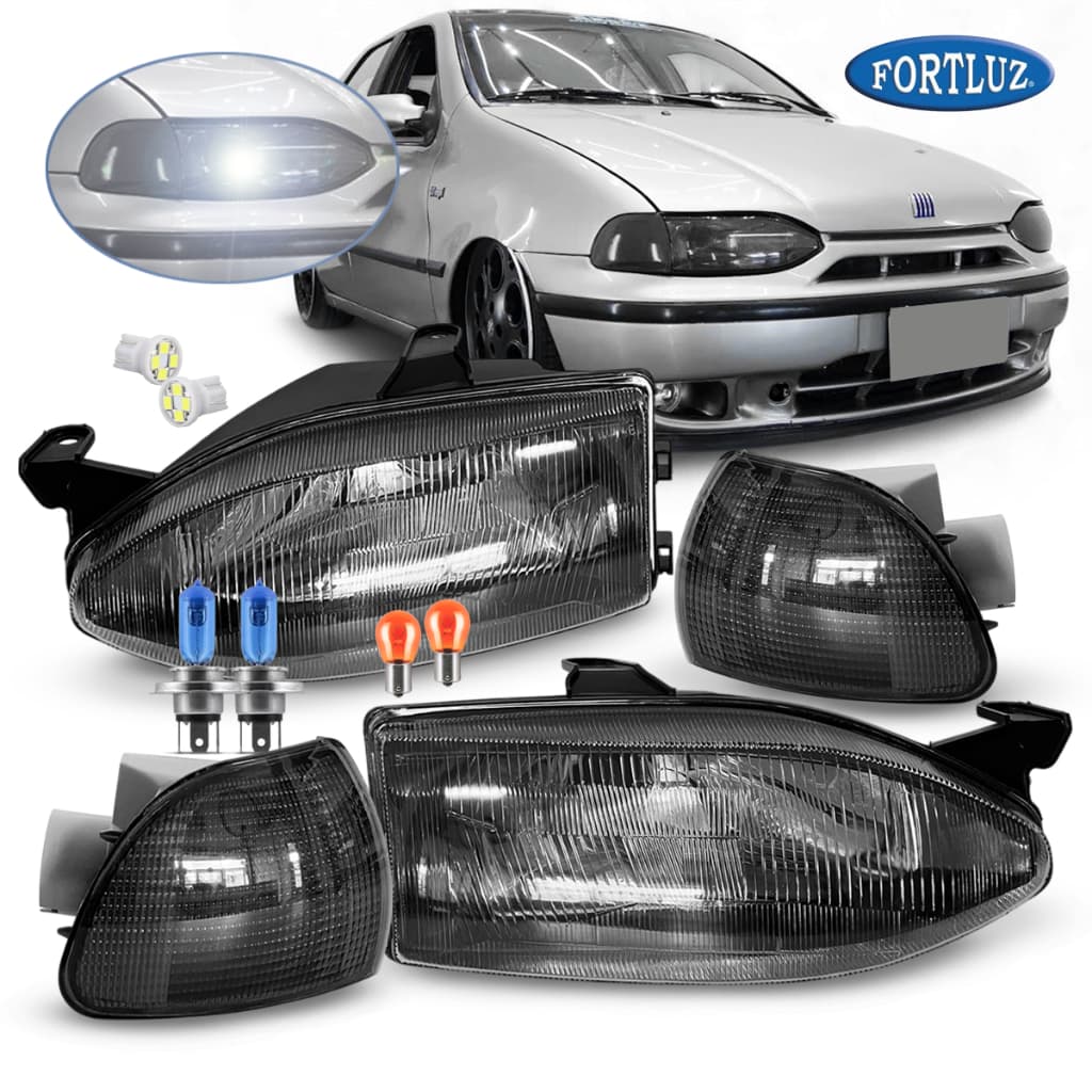 Kit Farol Fumê ou Cristal Lanterna Seta Pisca Lâmpadas Fiat Palio Siena Strada 1996 a 2000 Foco Simples Mascara Negra