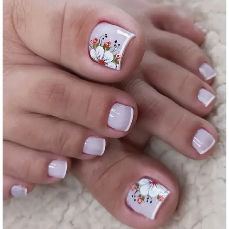 Unhas Postiças para os Pés Quadradas, unhas com Design Floral Comprimento Curto em Tons de Roxo com Acabamento Brilhante