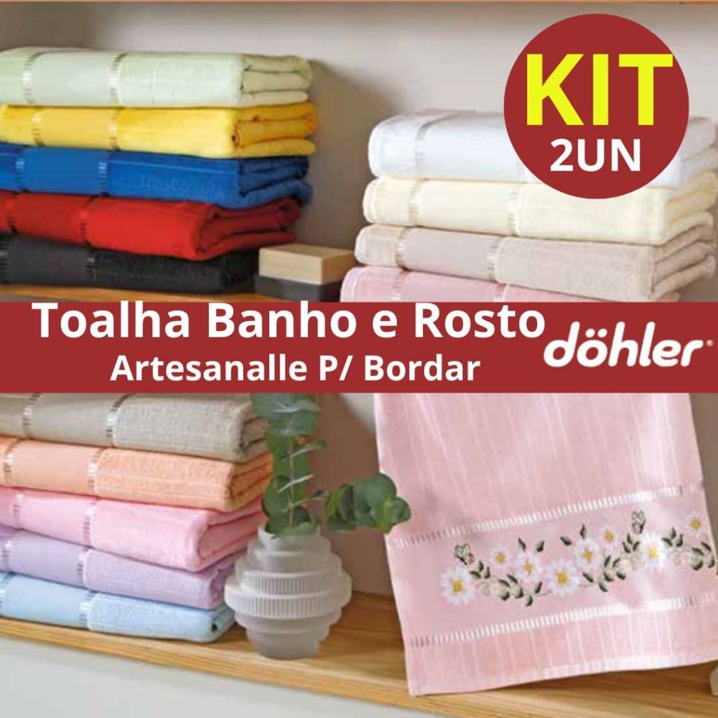 JOGO/KIT C/ 2 TOALHAS  DOHLER - 1 BANHO +1 ROSTO PARA BORDAR PONTO CRUZ BELLA AVELUDADA DOHLER