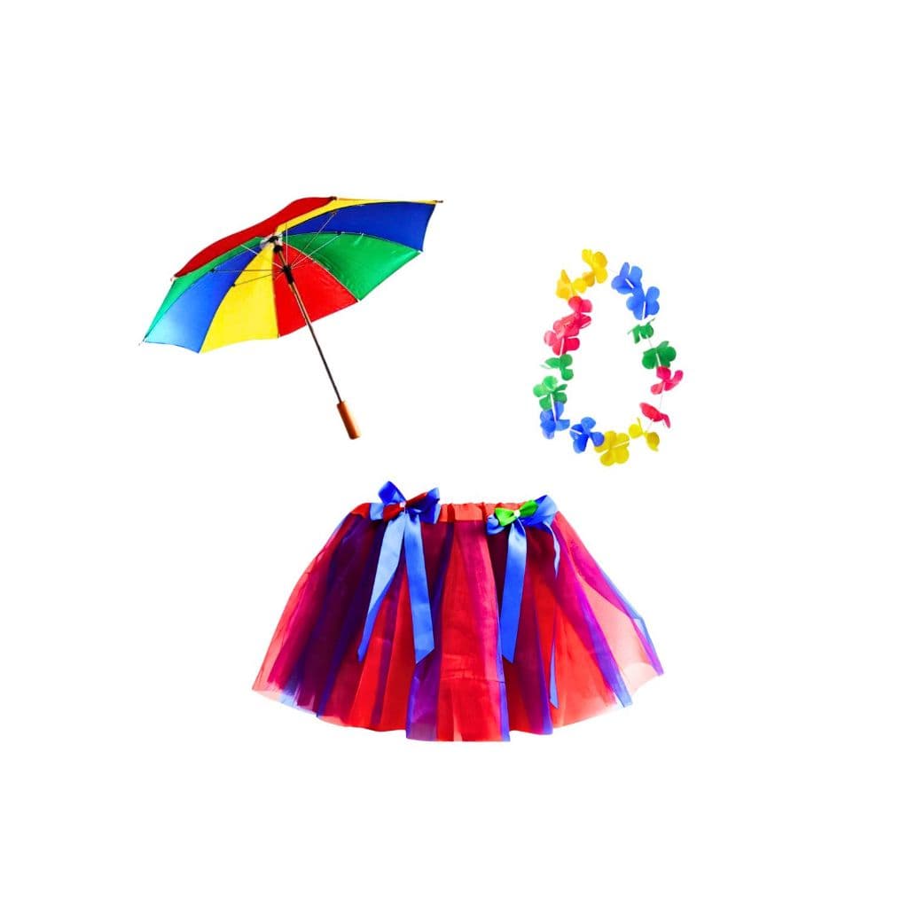 Fantasia Frevo Colorida Infantil – 3 PEÇAS (Saia Colorida, Mini Guarda Chuva Frevo e Colar Havaiano)