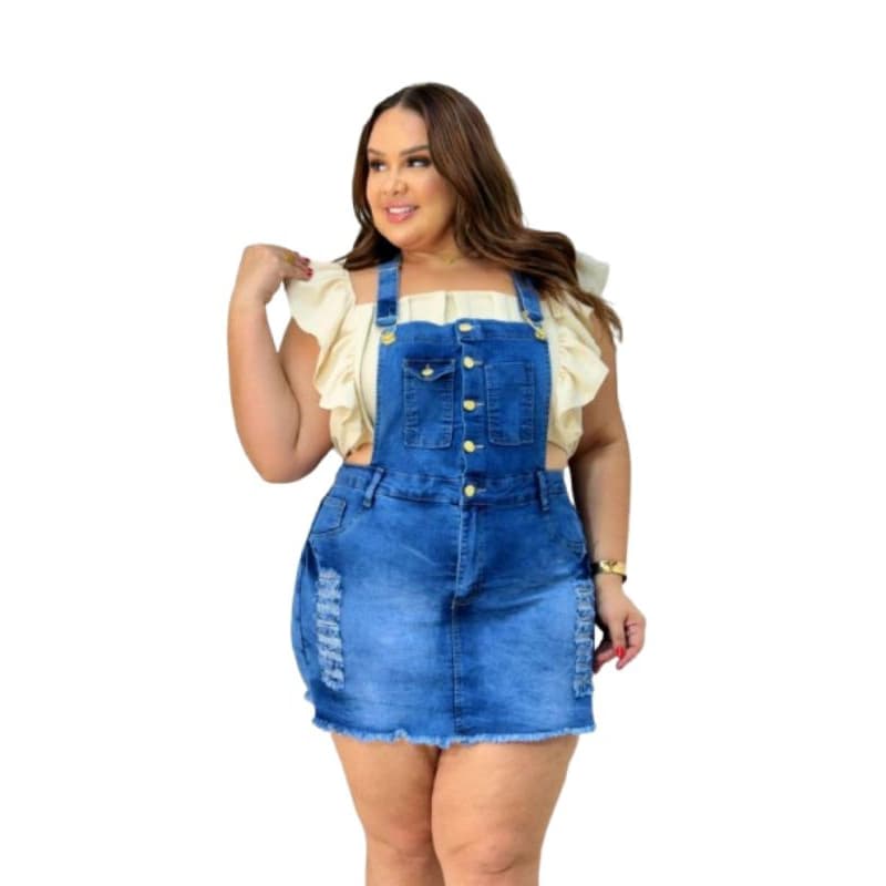 Jardinheira Short Saia Jeans Feminino Plus Size Moda Luxo