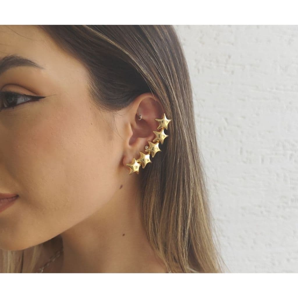 Brinco Ear Cuff Estrelas Dourado Sofisticado Festas