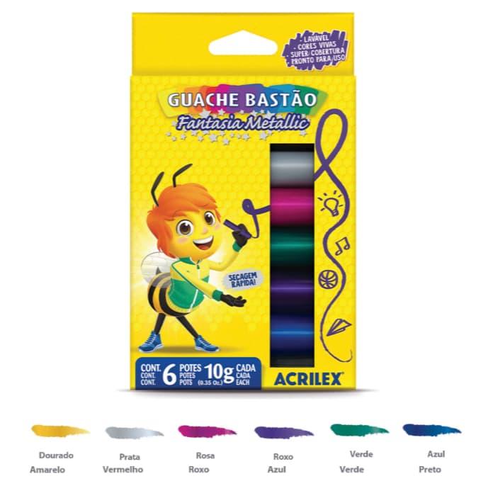 Tinta Guache Bastão 6 Cores Metálica Fantasia Metallic Acrilex Com Nota Fiscal