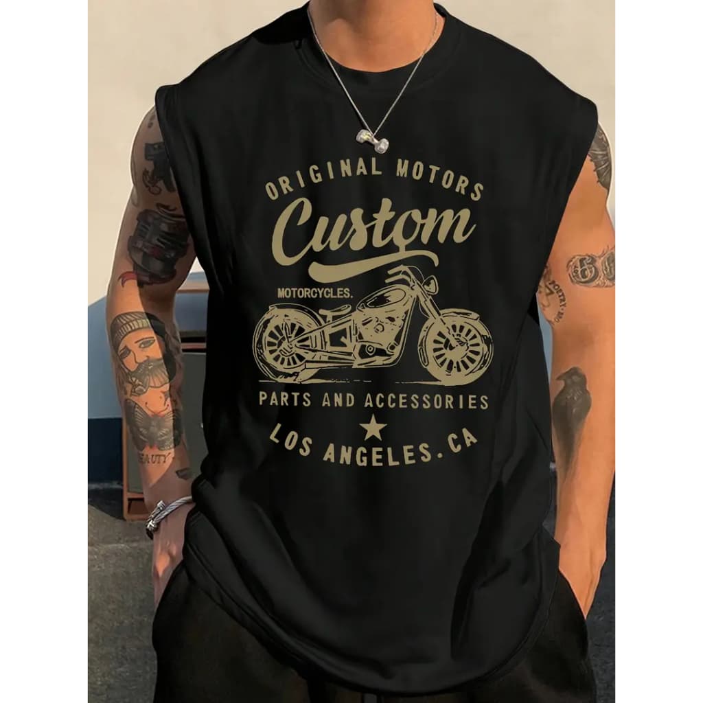 Camiseta Regata Preta Motocicleta Vintage Estilo Streetwear  Retro Rock Masculino