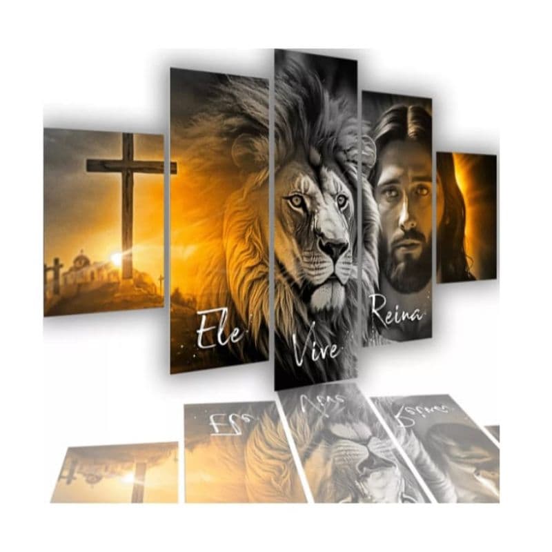 Quadro decorativo jesus cristo leao vive e reina cruz por do sol