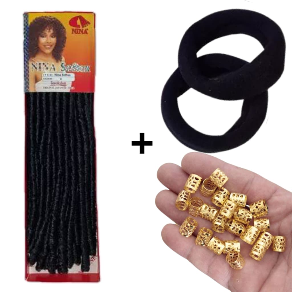 Kit Nina Softex 70g Cachos Sintéticos Original Crochet + 2 Xuxinhas de Cabelo Grossas + 10 Anéis para Tranças Dourados
