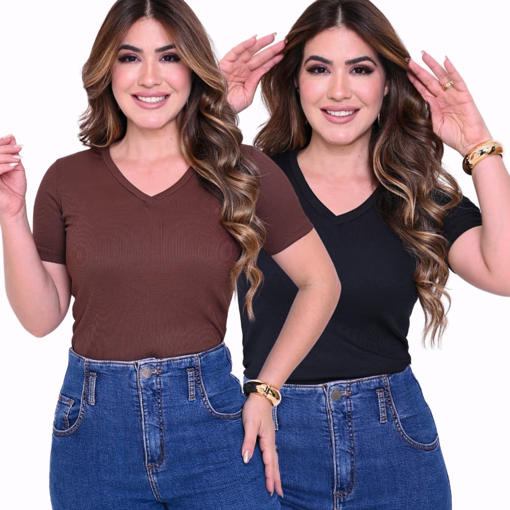 Kit 2 Blusinhas Gola V Decotadas Basicas T-shirt Lisa Canelada Feminina