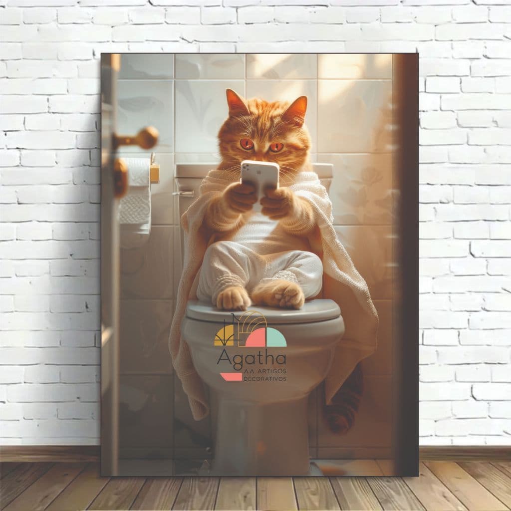 Quadro Gato amarelo viciado celular  1 peça Premiun decoração pet shop consultório veterinário gato
